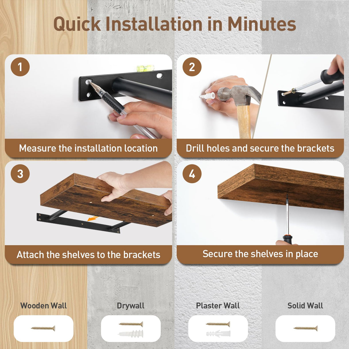 RALGEND Floating Shelves for Wall, 1.5" Thick Wall Shelf Set of 3 with Invisible Brackets, 15.7L x 7.9W Hanging Shelves Farmhouse Home Decor for Bathroom, Living Room, Bedroom, Kitchen, Rustic Brown RALGEND