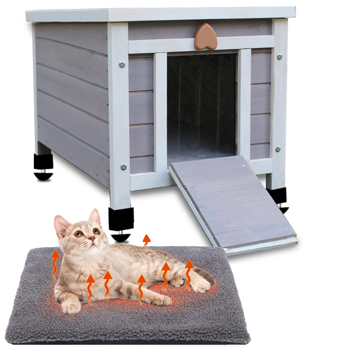 Rockever Outdoor Cat House,Outdoor cat Houses for Feral Cats Weatherproof Rabbit Hutch Small, Wooden Small Pet House and Habitats (Modern, Grey-with Mat) Rockever