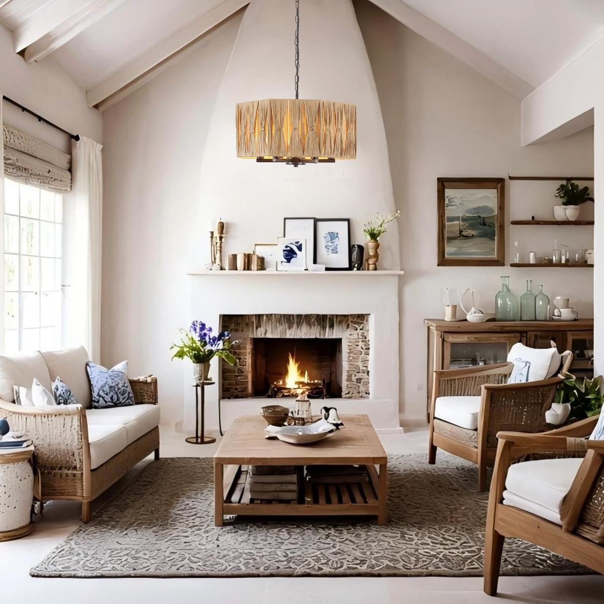 Rattan Drum Chandeliers for Dining Room Light Fixture, 6-Light Hand Woven Farmhouse Chandelier with Wicker Shade Coastal Large Pendant Lights Boho Chandeliers for Kitchen Living Room Foyer Entryway ANKYLHUA