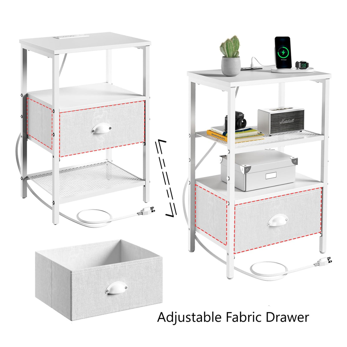 Sthmec Nightstands Set of 2, LED Bedside Tables with Charging Station and Fabric Drawer, Night Stand with Storage, 3 Tier Side Table with Open Shelf, LED Nightstand with Charging Station, White WoodArtSupply