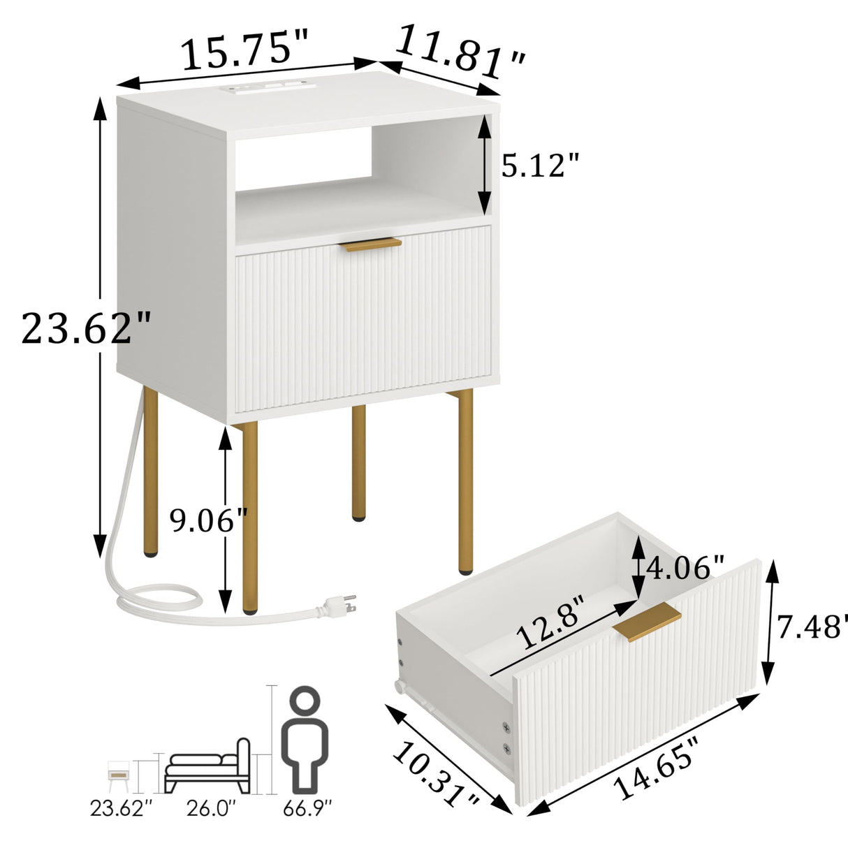 Modern Nightstand with Charging Station and LED Lights, White Bedside Table with Drawer, Fluted Side Table for Living Room, Bedroom JOONEE