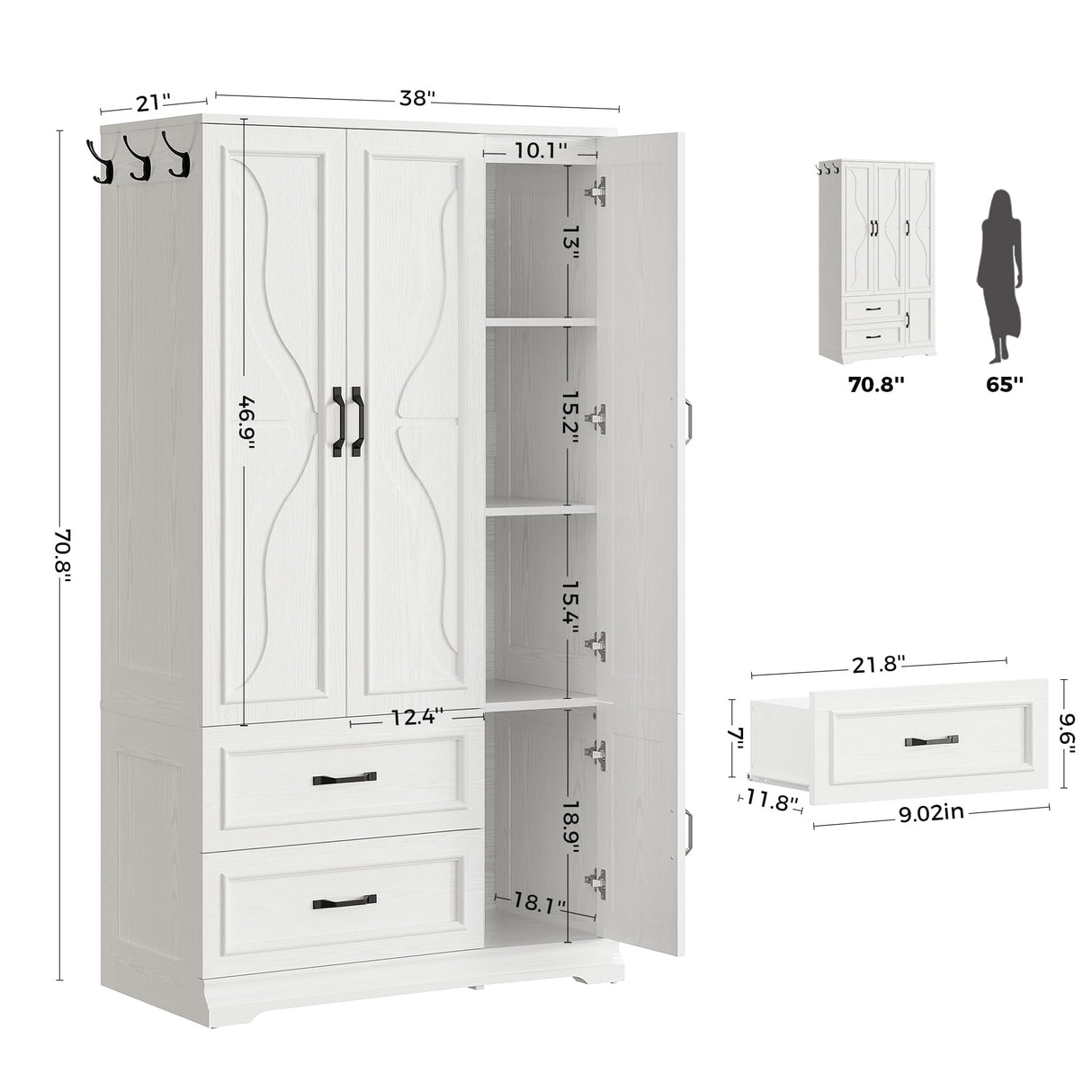 LIKIMIO Armoire Wardrobe Closet with 4 Doors and Drawers, Wardrobe Cabinet with Storage Shelves and Side Hooks, Clothing Storage Cabinet for Bedroom, White LIKIMIO