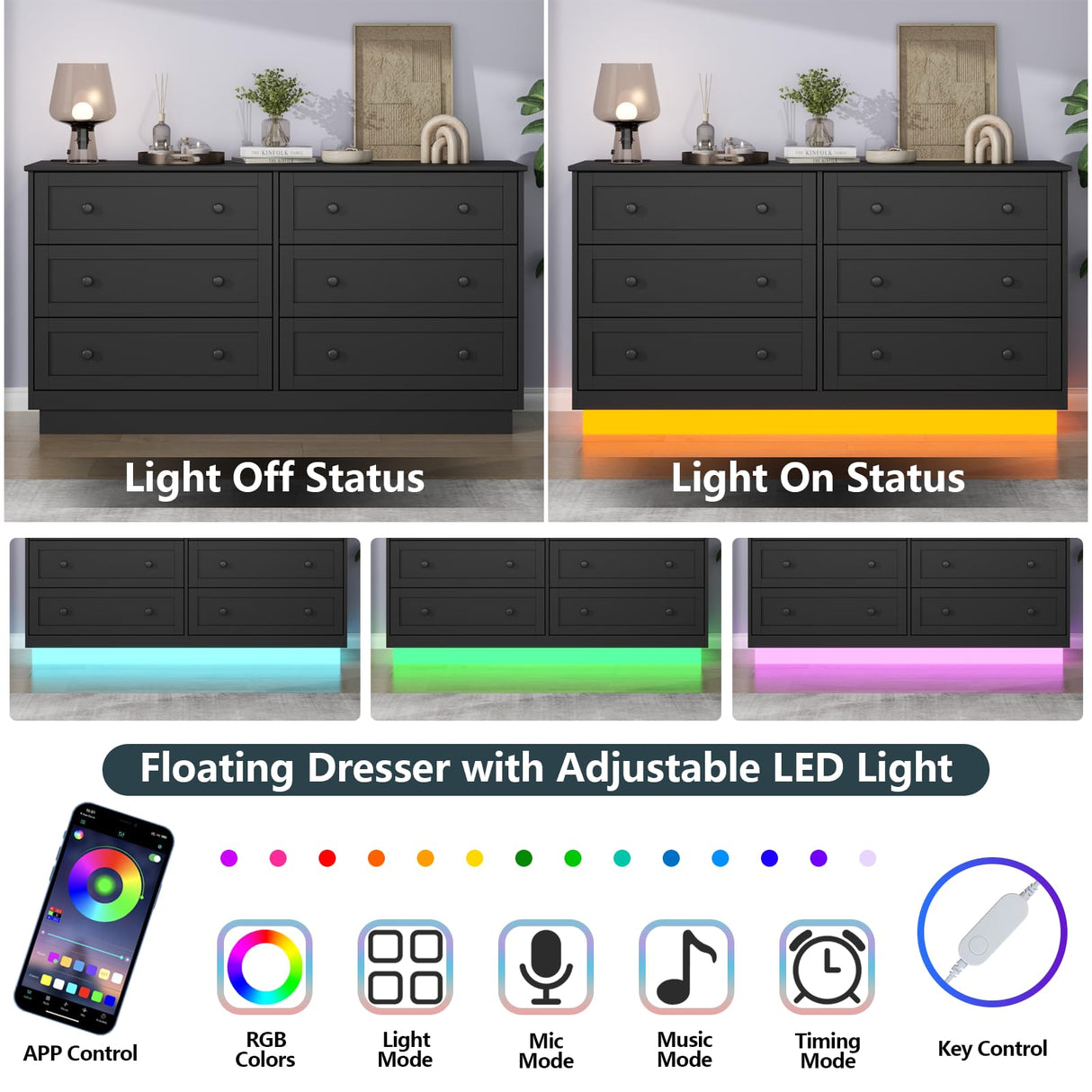 Loomie 6 Drawer Dresser, Modern Drawer Chests with Power Outlet and Led Light, Wide Chest of Drawers for Storage and Organization, Black Dresser for Bedroom, Living Room, Closets, Entryway Loomie