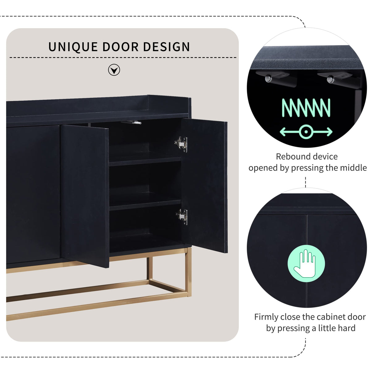 LUMISOL Wood Storage Sideboard Buffet Cabinet with Adjustable Shelves and Fence Tabletop, Modern Kitchen Sideboard Cabinet with Metal Base LUMISOL