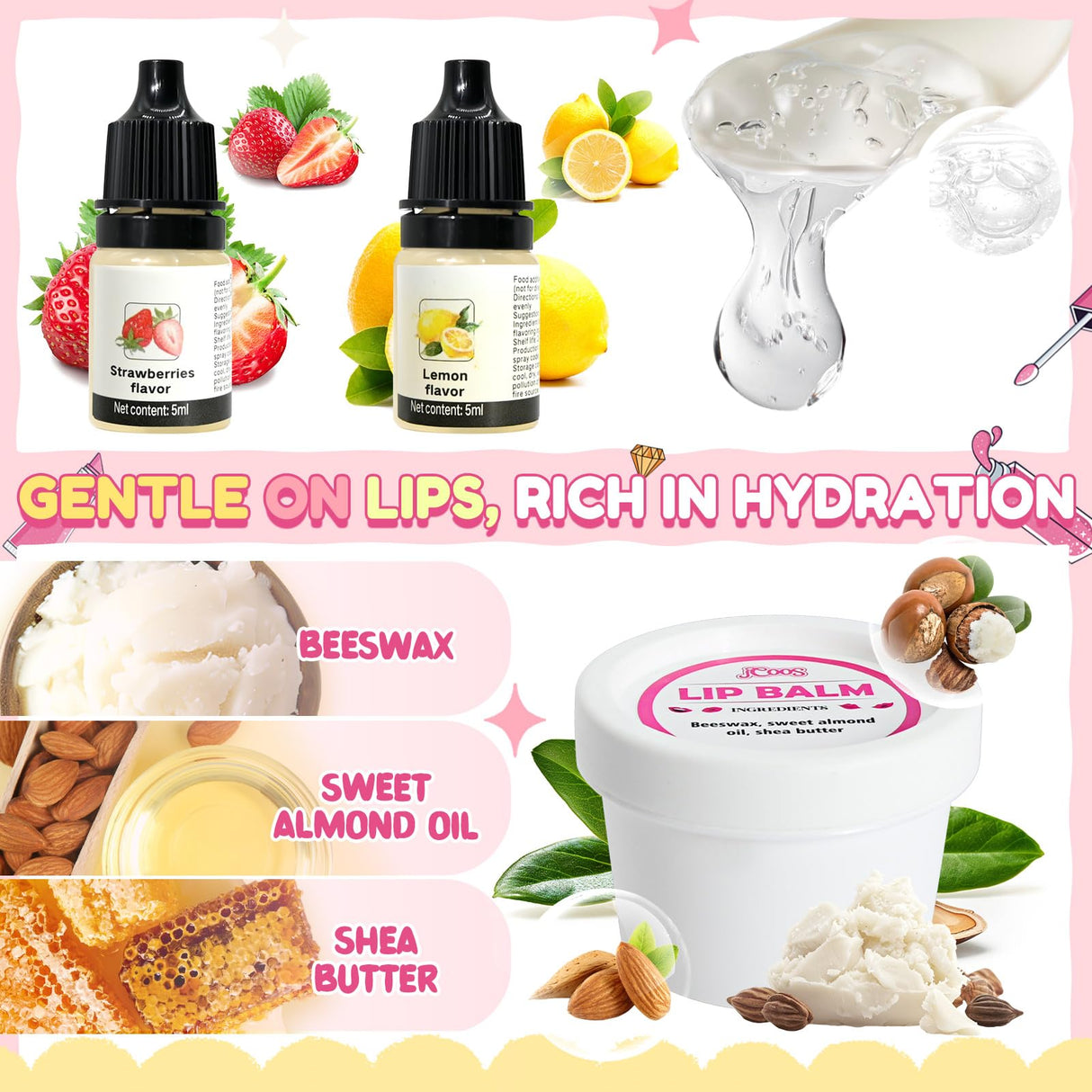 JCOOS Lip Gloss Making Kit and Lip Balm Making Kit, Make Your Own Lip Gloss Kit, Lip Balm Kit, Lipgloss Tubes, Moisturizing Base, Glitter, Kids Makeup Lipgloss Sets for Girls, Fun Stuff for Teens Gift Jcoos