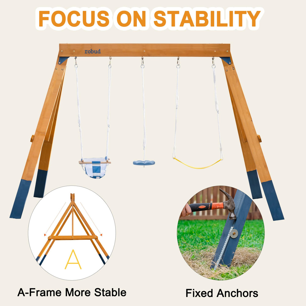 ROBUD 3-in-1 Playground Wooden Swing Sets for Backyard, DIY Swing Sets with Tree Swing and 2 Toddler Swings, Kids Outdoor Play Equipment, Outdoor Playset for Kids & Toddlers, Ages 3+ ROBUD