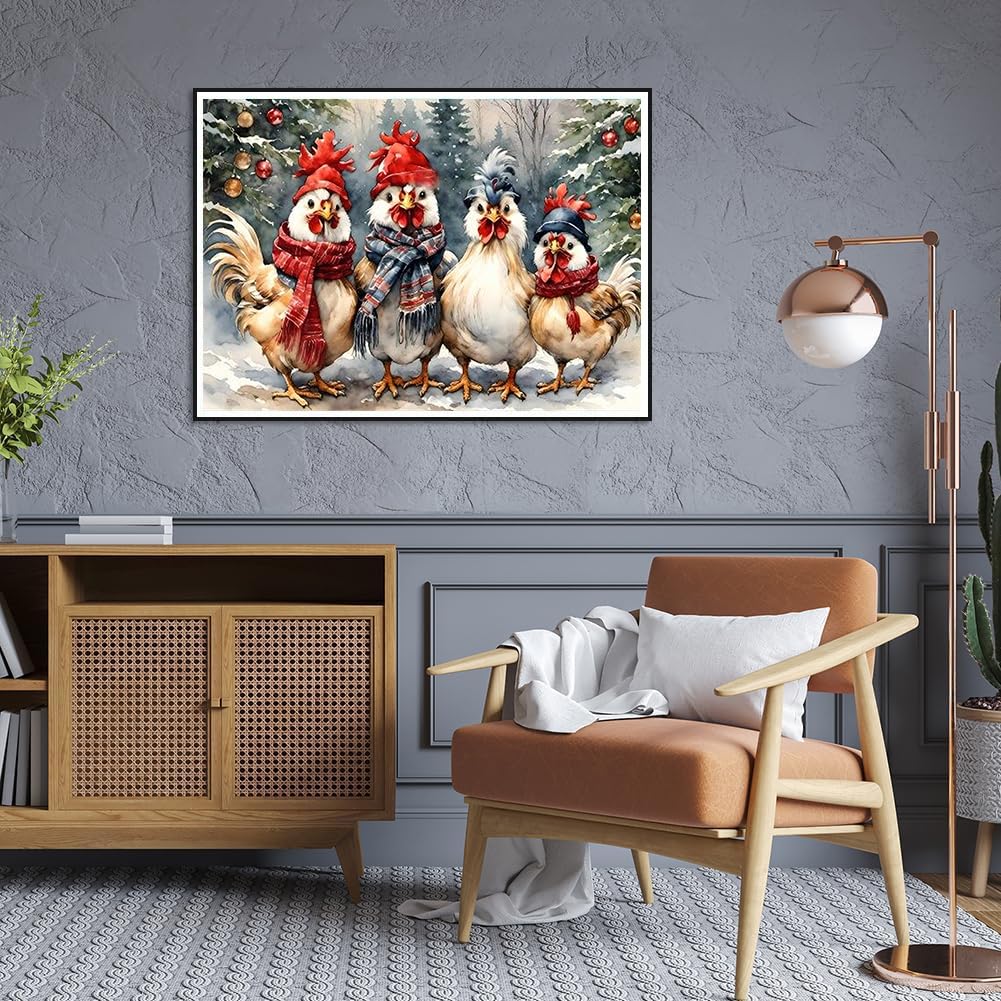 Ekuxom Chicken Diamond Art Kits for Adults, Winter Christmas Diamond Art Kits for Adults, Full Round Christmas Chicken Diamond Painting Gem Art Home Wall Decor 16x12 inch Ekuxom