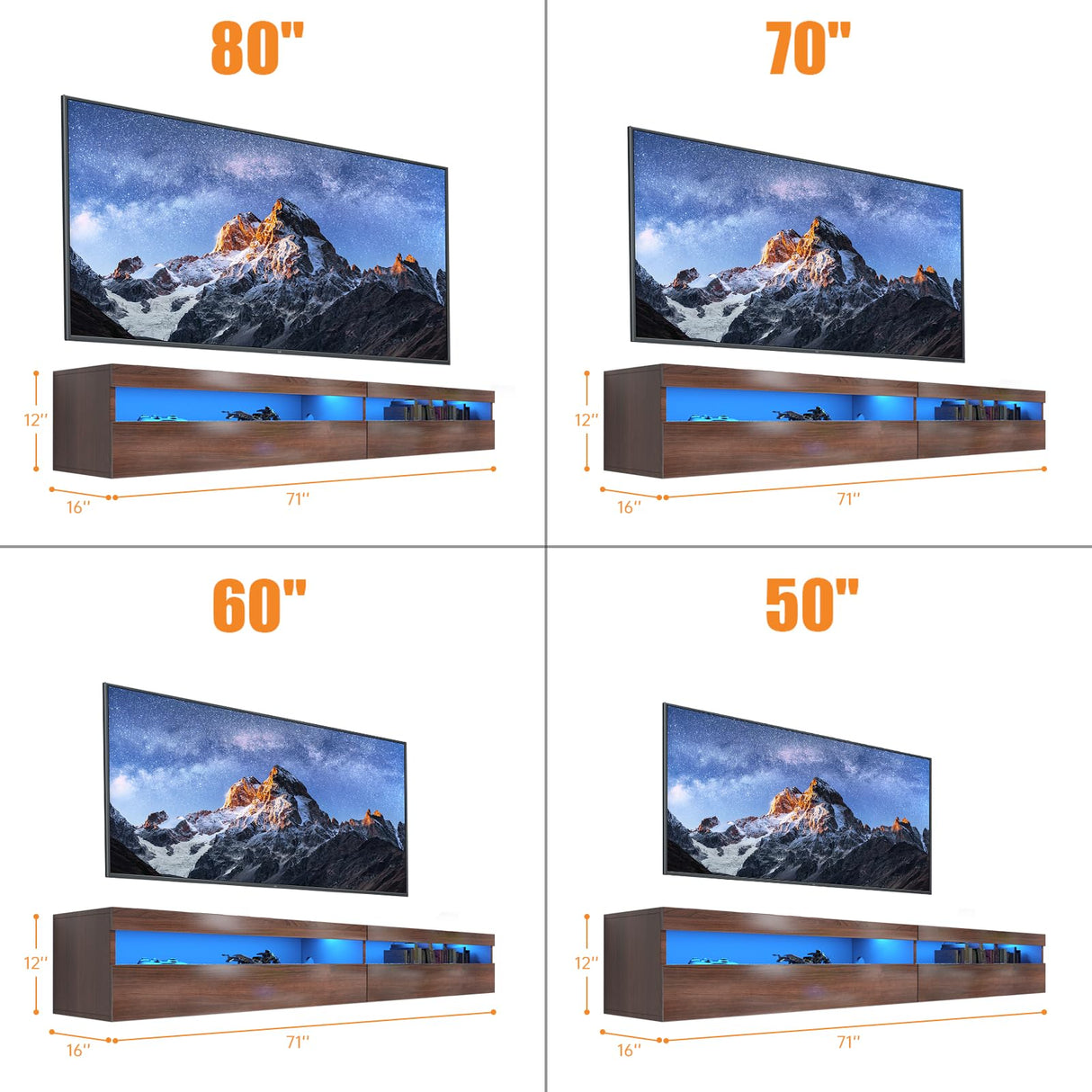 EXQUAL Floating TV Stand, Wall Mounted TV Shelf with Led Lights & Power Outlet, 71" Modern Entertainment Center Media Console with Storage, High Gloss TV Cabinet for 65/75/80 inch TV EXQUAL