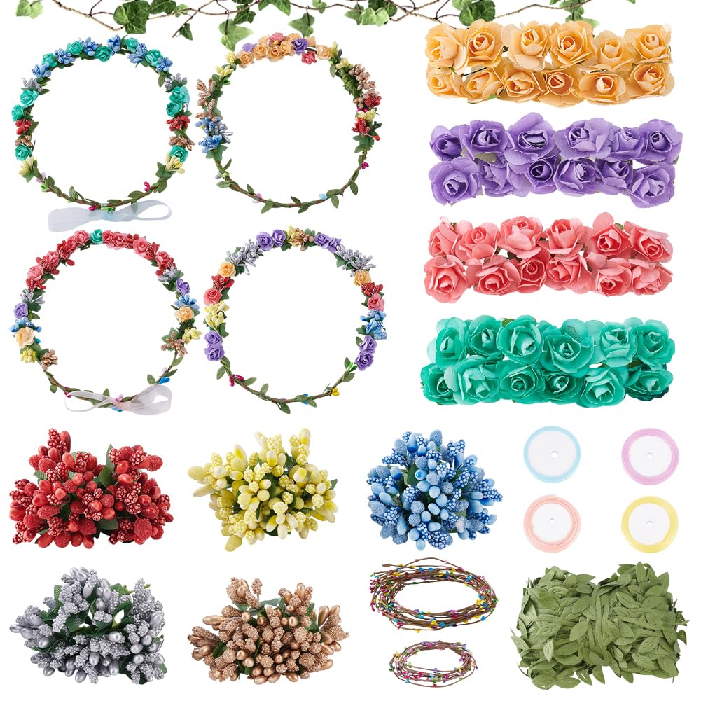 INFUNLY 12Sets DIY Flower Crowns Making Kit Make Your Own Flower Wreath Fairy Flower Headbands and Bracelets Handmade Floral Garland Kit Floral Crowns Head Hair Accessories for Wedding Birthday Party INFUNLY