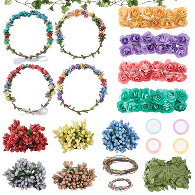 INFUNLY 12Sets DIY Flower Crowns Making Kit Make Your Own Flower Wreath Fairy Flower Headbands and Bracelets Handmade Floral Garland Kit Floral Crowns Head Hair Accessories for Wedding Birthday Party