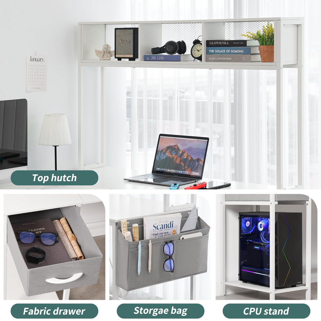 Yoobure L Shaped Desk Gaming Desk with LED Strip & Power Outlet, Reversible L-Shaped Computer Desk with Storage Shelf & Drawer, Corner Desk with Storage Bag, 2 Person Home Office Desk, White Yoobure