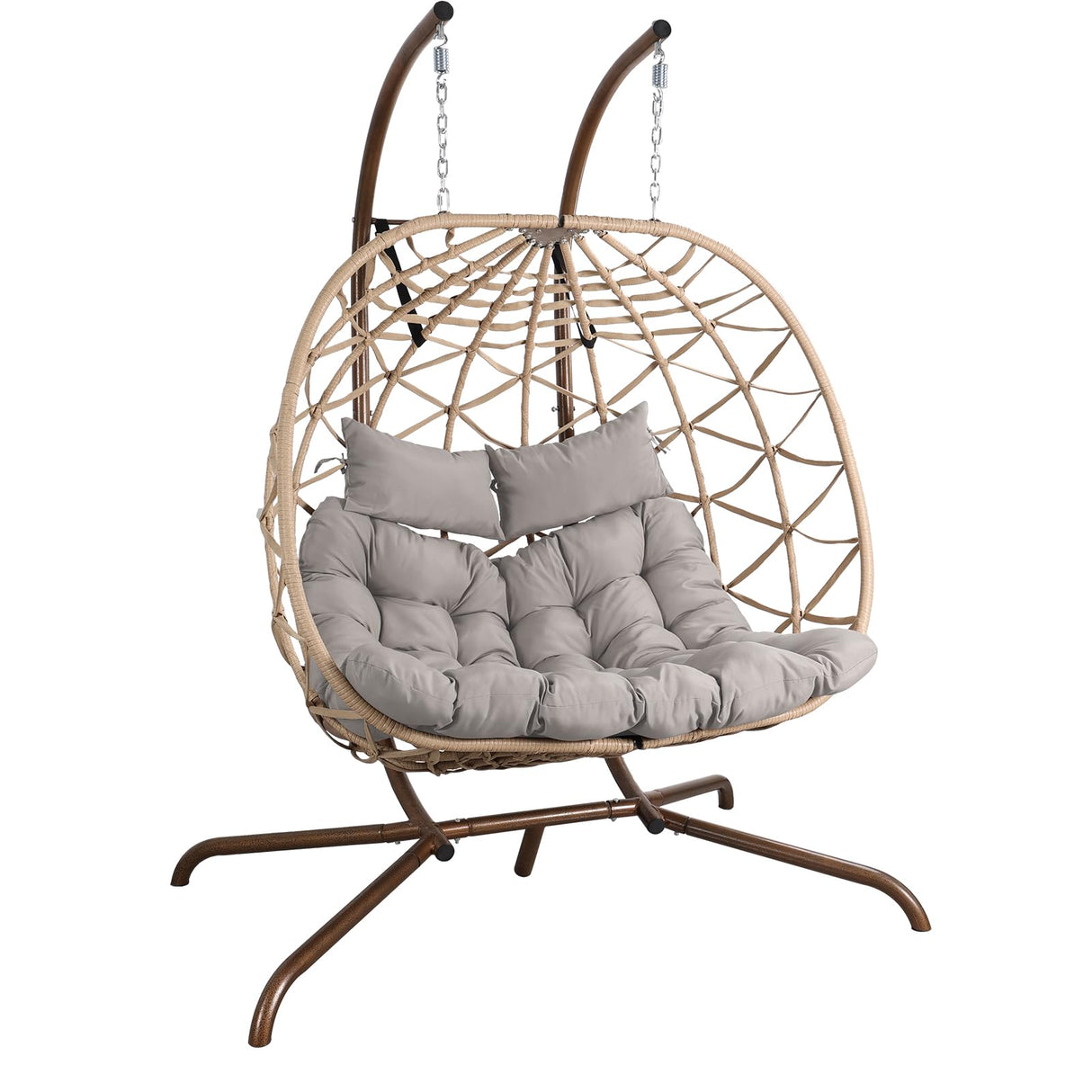 NOBLEMOOD Outdoor Egg Swing Chair with Stand, 2 Person Patio Swing Chairs with Thick Cushions and Pillows, Wicker Double Egg Chair Swing for Indoor Bedroom NOBLEMOOD