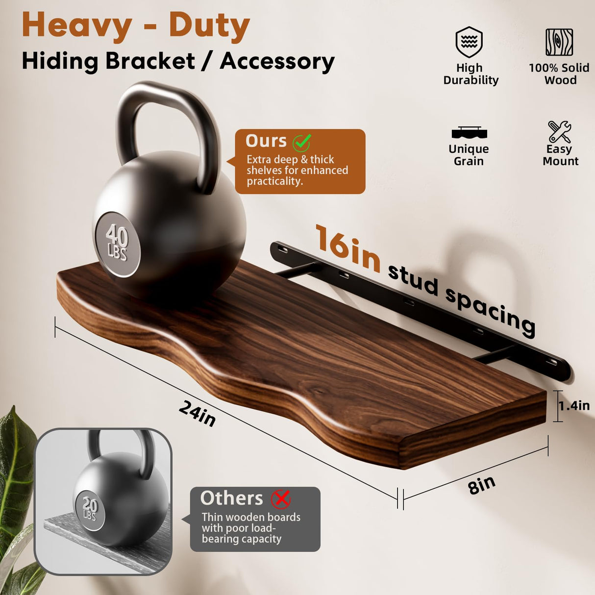 Avytronx Floating Shelves for Wall, 24 inch Rustic Wooden Floating Shelves, Wall-Mounted Floating Bookshelf, Hanging Shelves with Unique Natural Grain for Living Room, Bedroom, Kitchen (Walnut Color) Avytronx