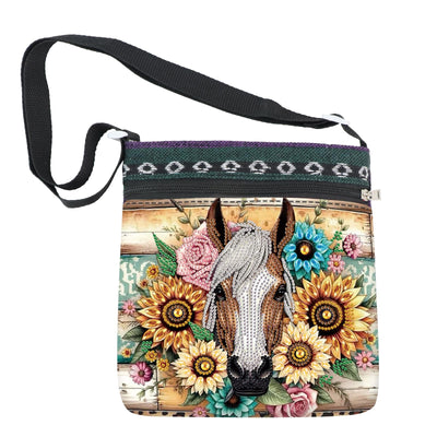 5D DIY Diamond Painting Shoulder Bag for Adults - Sunflower & Horse Design, Special Shape Crystal Rhinestone Art Handbag, Partial Diamond Art Craft Kit, Stylish Gift for Women