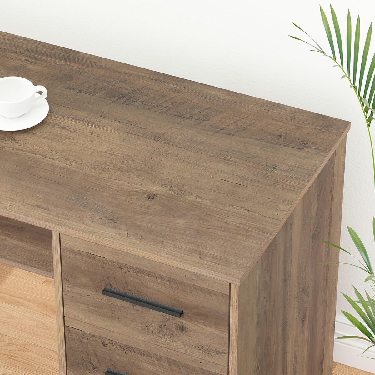 HSH Large L Shaped Home Office Desk with Drawers, Rustic L-shaped Computer Desk with Storage File Cabinet Shelves, Corner Reversible Metal Wood Executive Work Study Writing Table, 59 Inch Bedroom Desk HSH