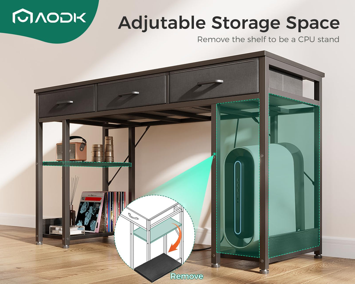 AODK 48 Inch Black Gaming Desk with Fabric Drawers, Power Outlets, and Storage Shelves AODK