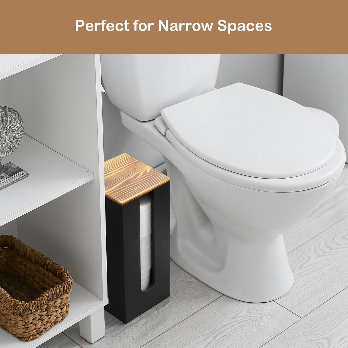 GCWSTJK Black Freestanding Wooden Toilet Paper Holder Stand, Rustic Bathroom Storage Organizer with Burnt Wood Lid, Fits 3 Extra XXL Toilet Paper Rolls GCWSTJK