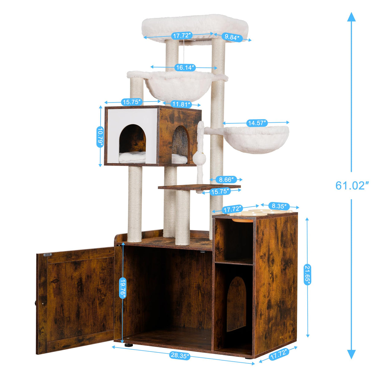 Hey-brother Cat Tree with Litter Box Enclosure, Modern Cat Tower for Indoor Cats with Large Platform, Condo Food Station and 2 Hammocks, All-in-one Cat Furniture, Wood Rustic Brown MPJ115SR Hey-brother