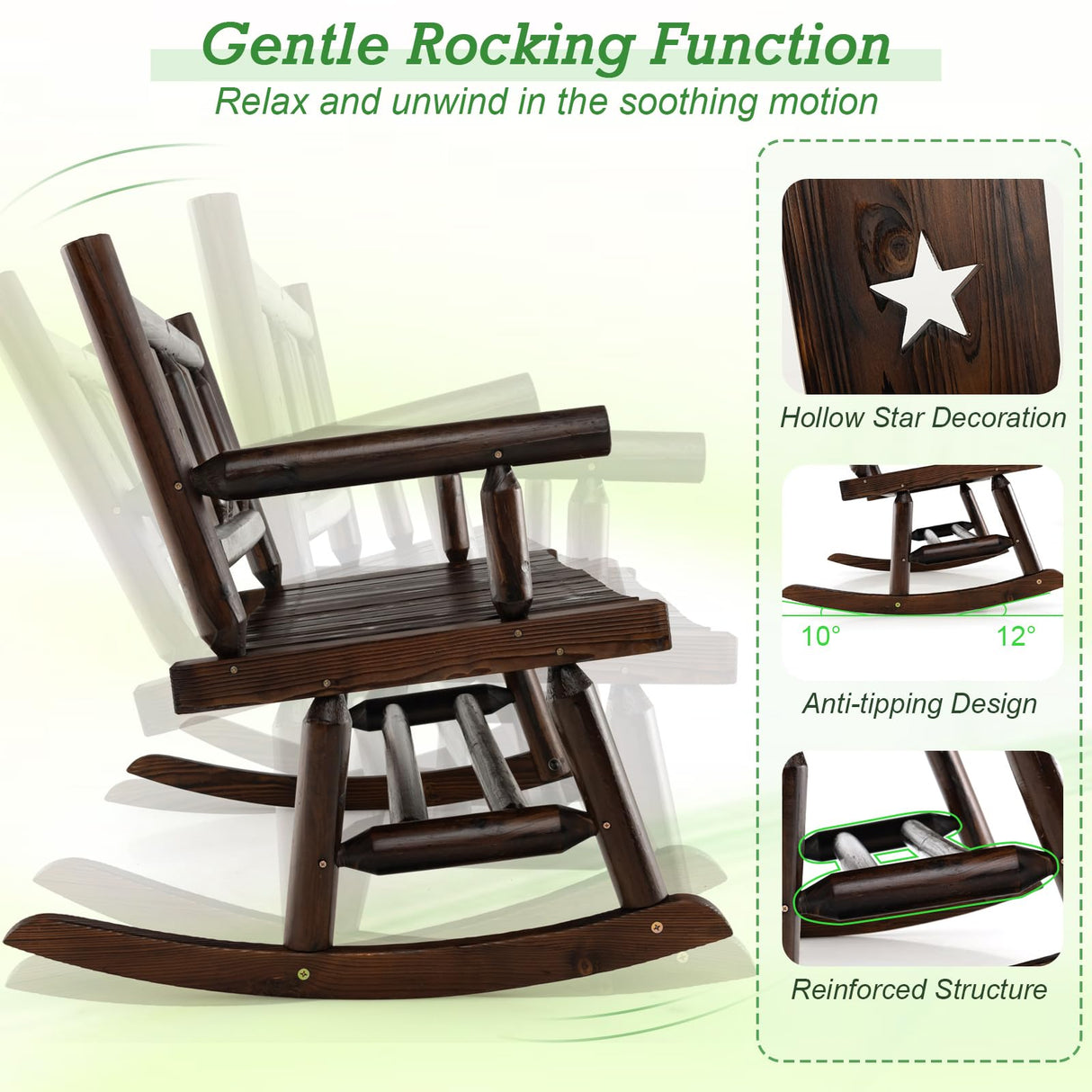 Giantex Outdoor Rocking Bench, Patio Loveseat Rocker for 2 w/Ergonomic Back & Log Arms, Carbonized Fir Wood Frame, Wooden Double Rocking Chair for Porch, Garden, 710 LB Capacity, Rustic Brown Giantex