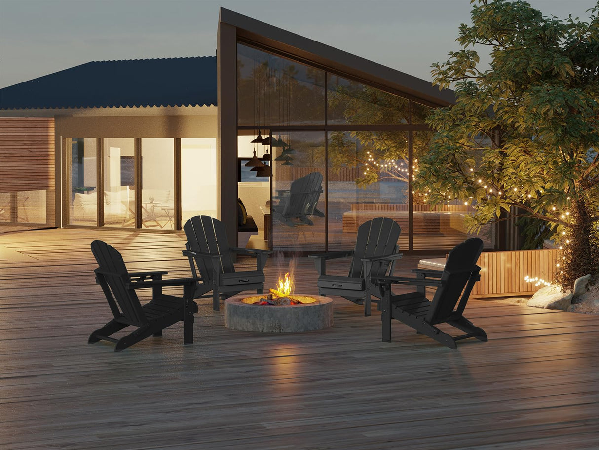 MUCHENGHY Folding Adirondack Chairs, Patio Chairs, Fire Pit Chairs, Outdoor Chairs, Plastic Adirondack Chairs, Lawn Chairs Weather Resistant with Cup Holder for Deck, Backyard, Garden(Black) MUCHENGHY