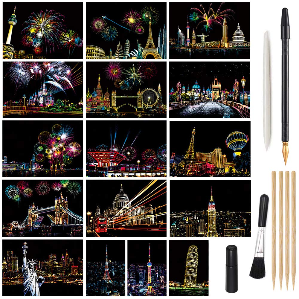 Magic Scratch Art Paper, Mini Envelope Postcard, Rainbow Night View Scratchboard for Adults and Kids, Art & Crafts Set : 16 Sheets Scratch Cards & 8 Tools Drawing Pen, Brush (Travel Around The World) M MUGIT