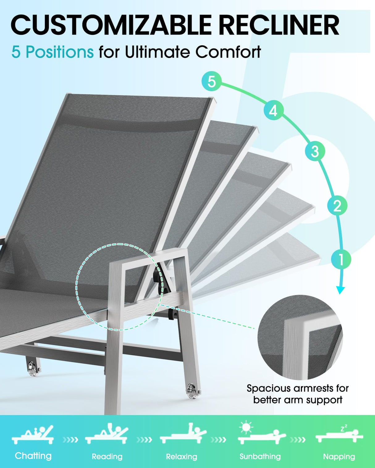 Vexwalx Patio Chaise Lounge Chair Outdoor with Wheels&Armrests, Aluminum Pool Lounge Chairs 5-Position Adjustable Recliner, Outdoor Beach Lounge Chairs for Poolside, Patio, Deck, Yard, Dark Gray Vexwalx