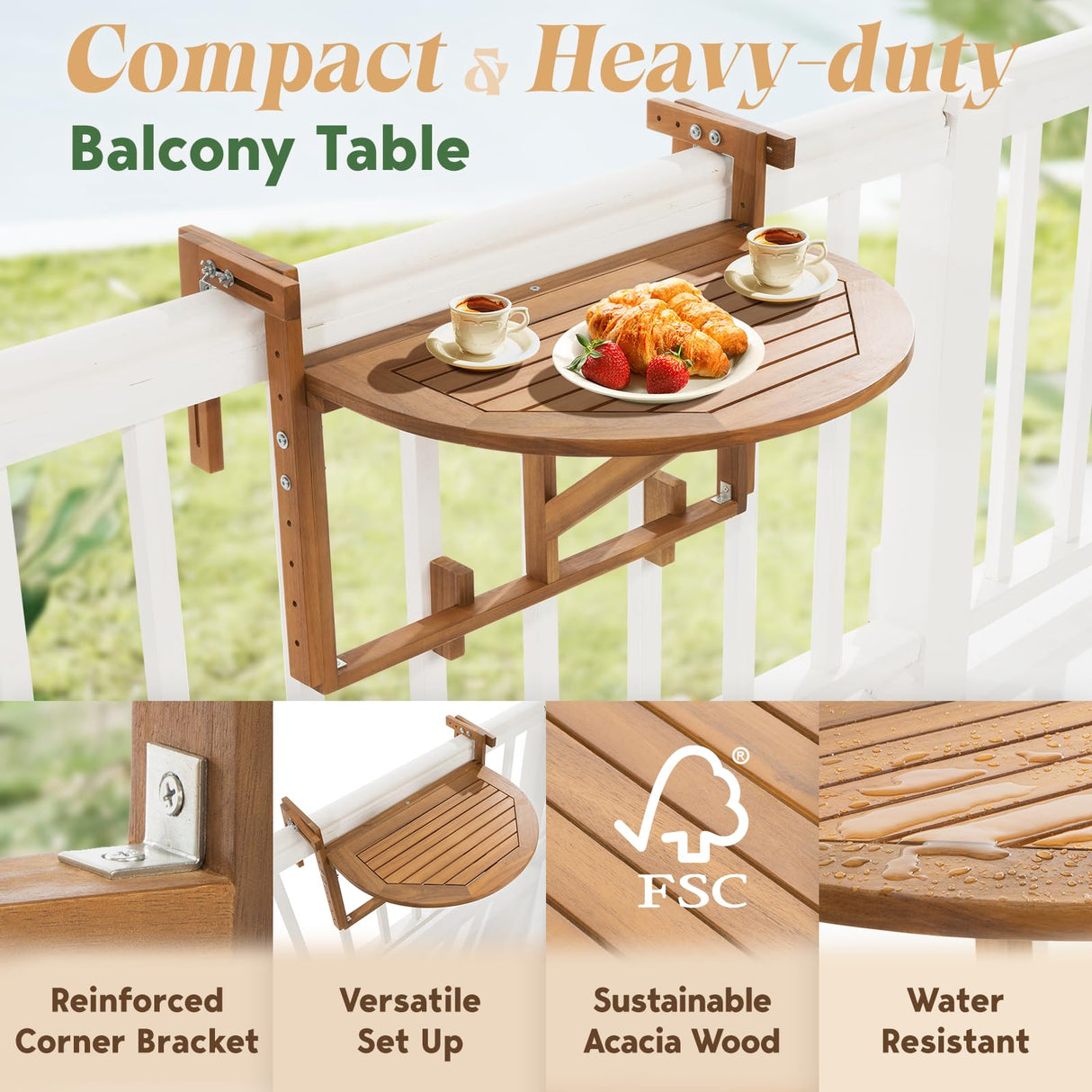 IDZO FSC Acacia Wood Folding Balcony Bar Table for Railings, Adjustable Height & Width, Teak Brush Finish Durable Against Weather, Ideal Spacious Dimension of 27 9/16 x 21 5/8 Inch, Half-Round Design IDZO