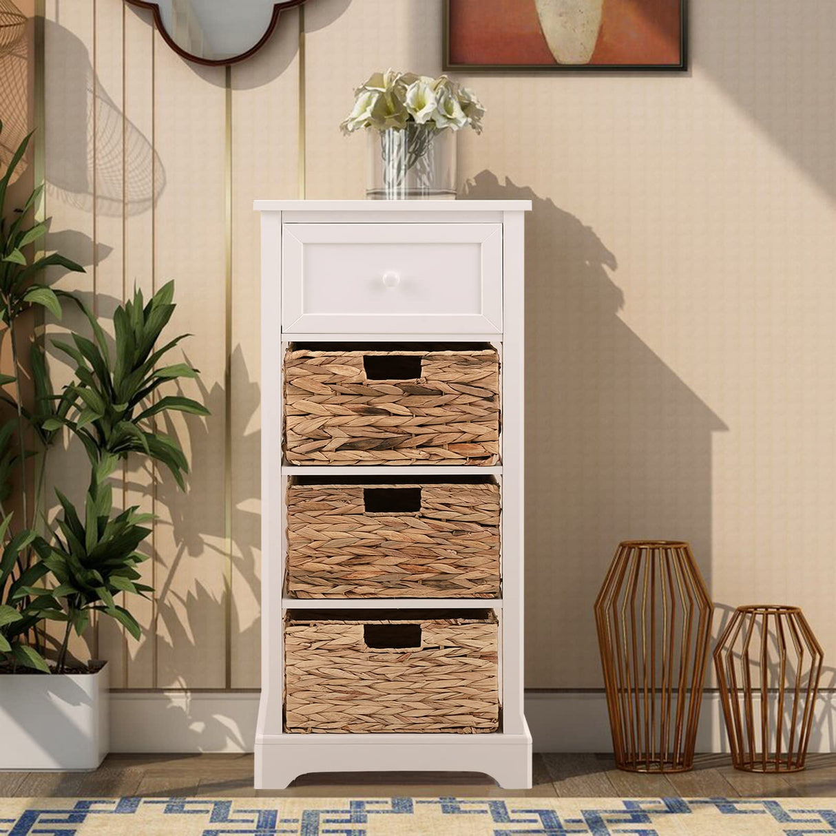 PHI VILLA Storage Cabinet with Baskets, Farmhouse Accent Cabinet Narrow Cabinet with Shelves for Bathroom Entryway Rattan Cabinet with Drawer End Table/Beside Table White PHI VILLA