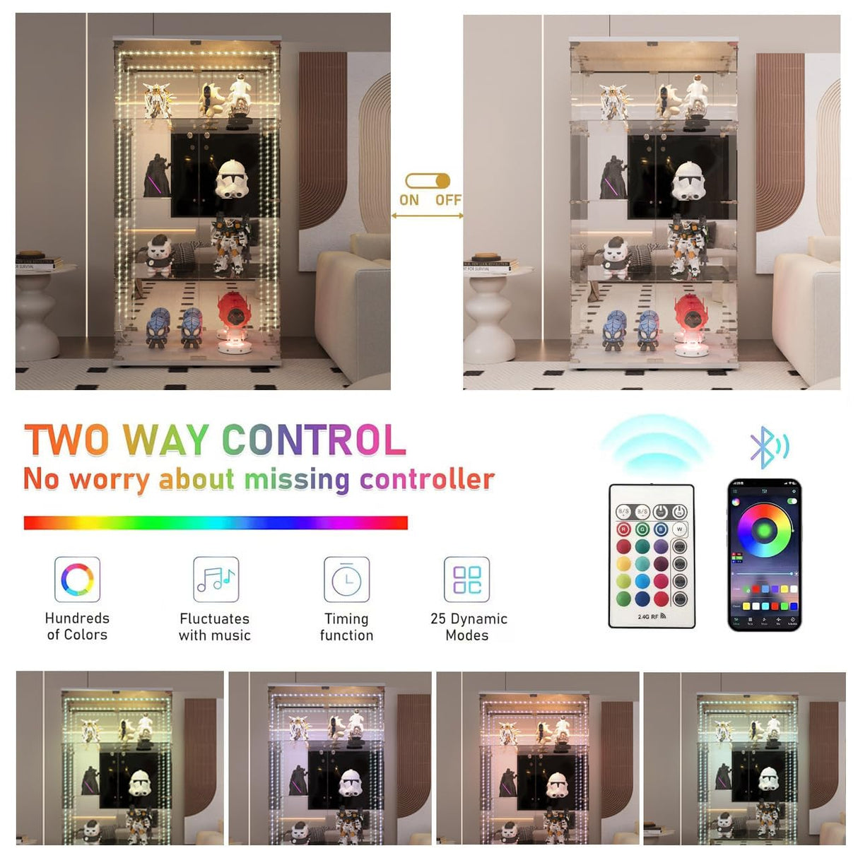 lunhung 65"H Glass Display Cabinet with LED Lights & Mirror Back Panel, 2 Doors Curio Storage Cabinet w/ Adjustable Feet & Lock, 4-Shelf Wood Top Display Case Bookshelf for Living room,Hallway (White) lunhung