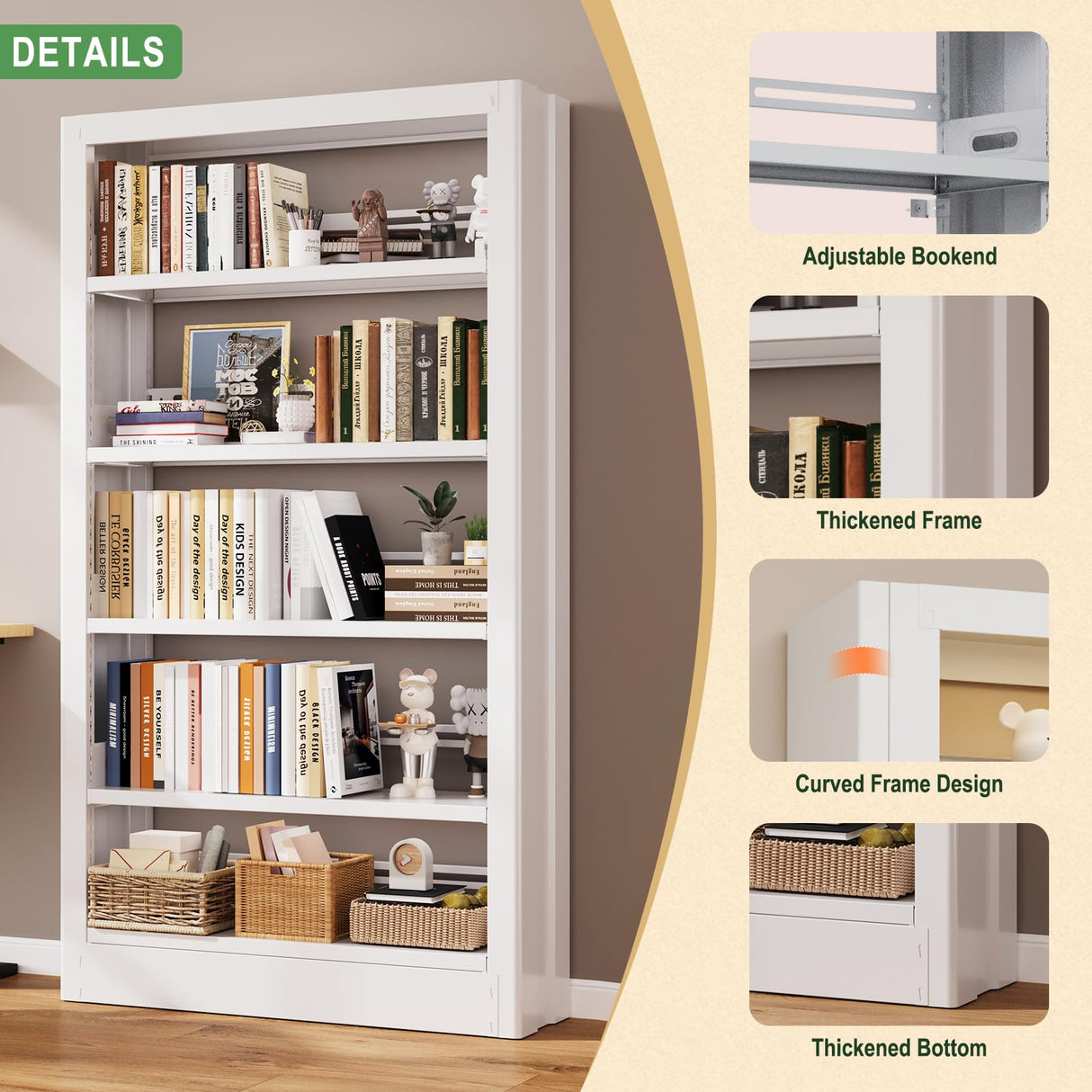 Metal Bookshelf, 5-Tier Bookcase with Adjustable Storage Shelf, 71" Tall Bookcases Heavy Duty bookcase with Bookends, Modern Bookshelf for Living Room, Library, Bedroom,Includes Book Stoppers-White CBCNWR