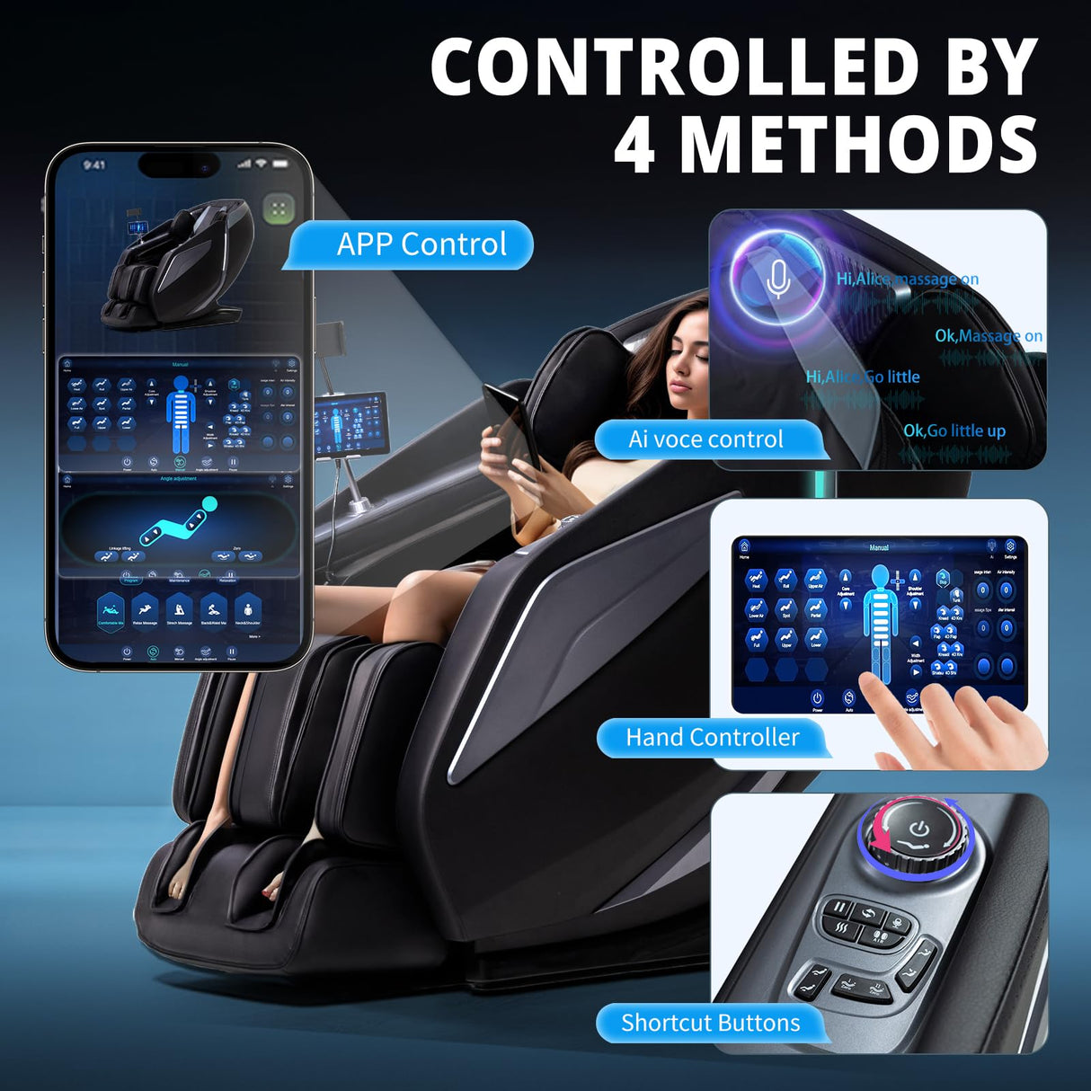 HealthRelife 4D Massage Chair Full Body Zero Gravity Recliner - 55“ SL-Track,15 Auto Modes,11 Massage Technique,40 Airbags Massage,with Yoga Stretch,APP Control,Shiatsu Foot Massage(Black) HealthRelife