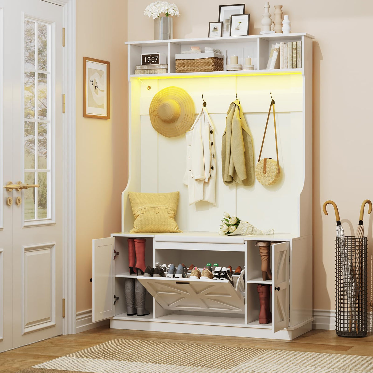 Maupvit Hall Tree with Bench and Shoe Storage, Coat Rack with Shoe Bench, 6 Shoe Cubbies, 4 Coat Hooks, LED Lights and Adjustable Shelf, Entryway Hall Tree, Shoe Bench with Soft Cushion for Hallways Maupvit