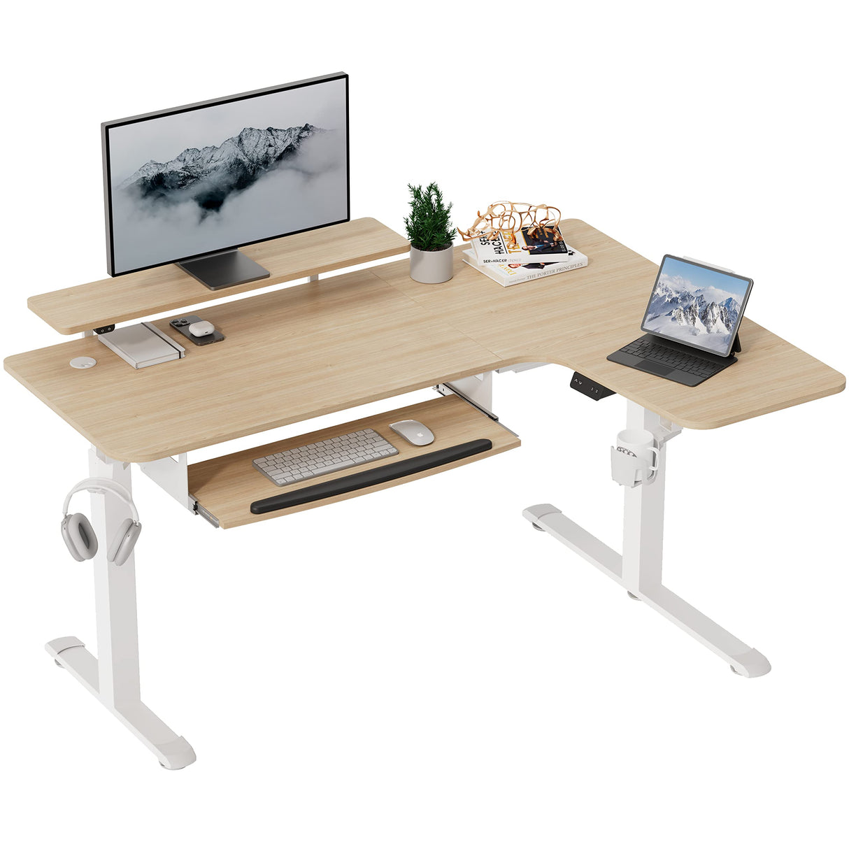 EUREKA ERGONOMIC Standing Desk Adjustable Height 61" Electric Sit Stand Computer Desk L Shaped with Keyboard Tray,Monitor Stand &LED, Dual Motor Memory Presets Sit to Desk Adjustable Desk, Right/Maple EUREKA ERGONOMIC