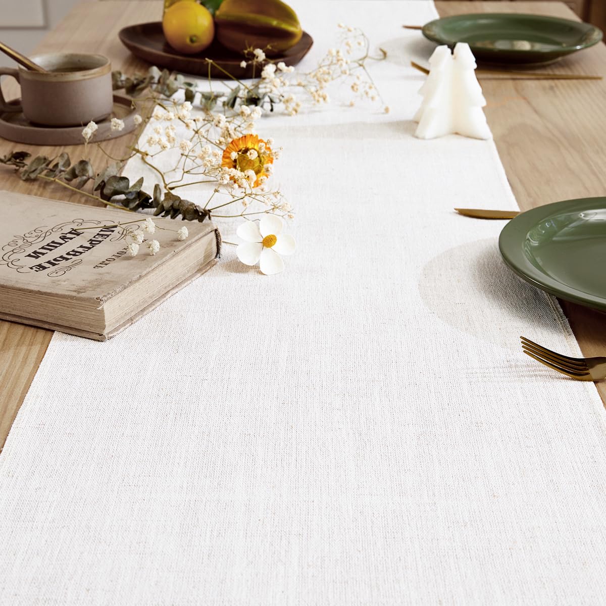Aoztio Linen Style Rustic Table Runner, Farmhouse Cotton Linen Table Runner, Boho Table Runners 72 Inches Long with Hand Tassels for Home Tabletop Decor and Everyday Use - Off White, 72 Inch Aoztio