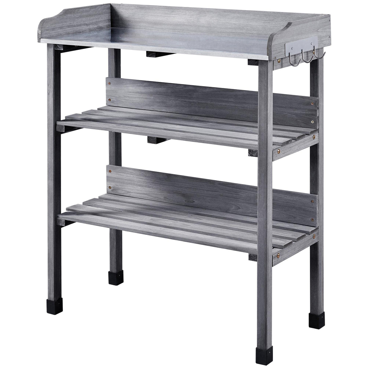 Topeakmart Fir Wood Potting Bench W/Storage Shelf W/Metal Tabletop W/Hook 3 Shelves Potting Table for Outdoor Garden Work Bench Gray Topeakmart