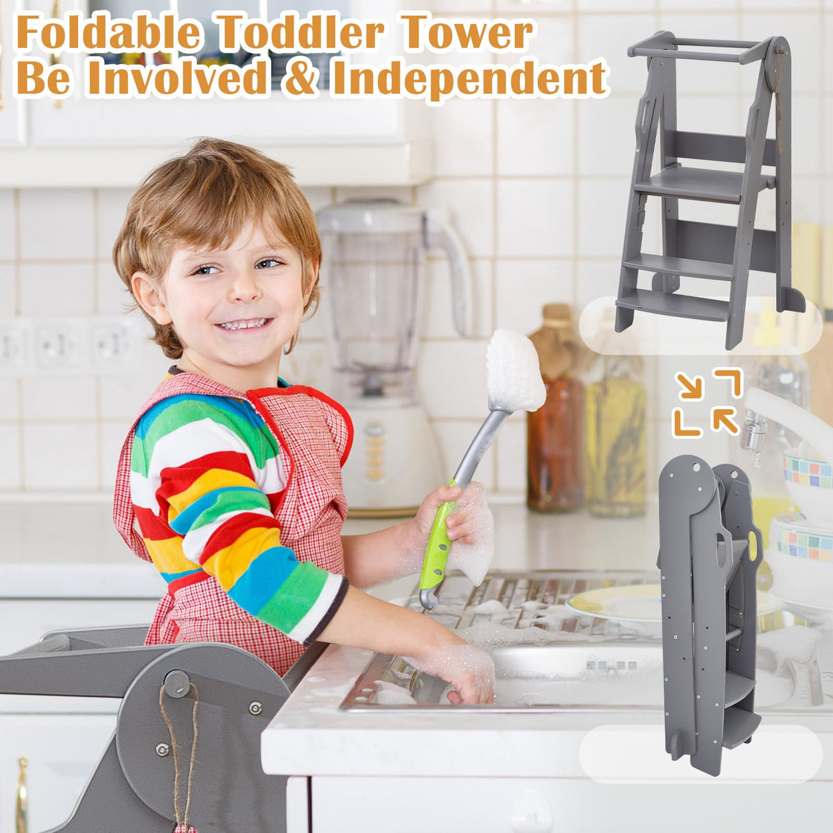 FUNLIO 3-Level Height Adjustable Kitchen Step Stool, Foldable Toddler Tower for Kids 2-6 Years, Montessori Child Standing Tower, CPC & CE, Easy to Assemble, Grey FUNLIO