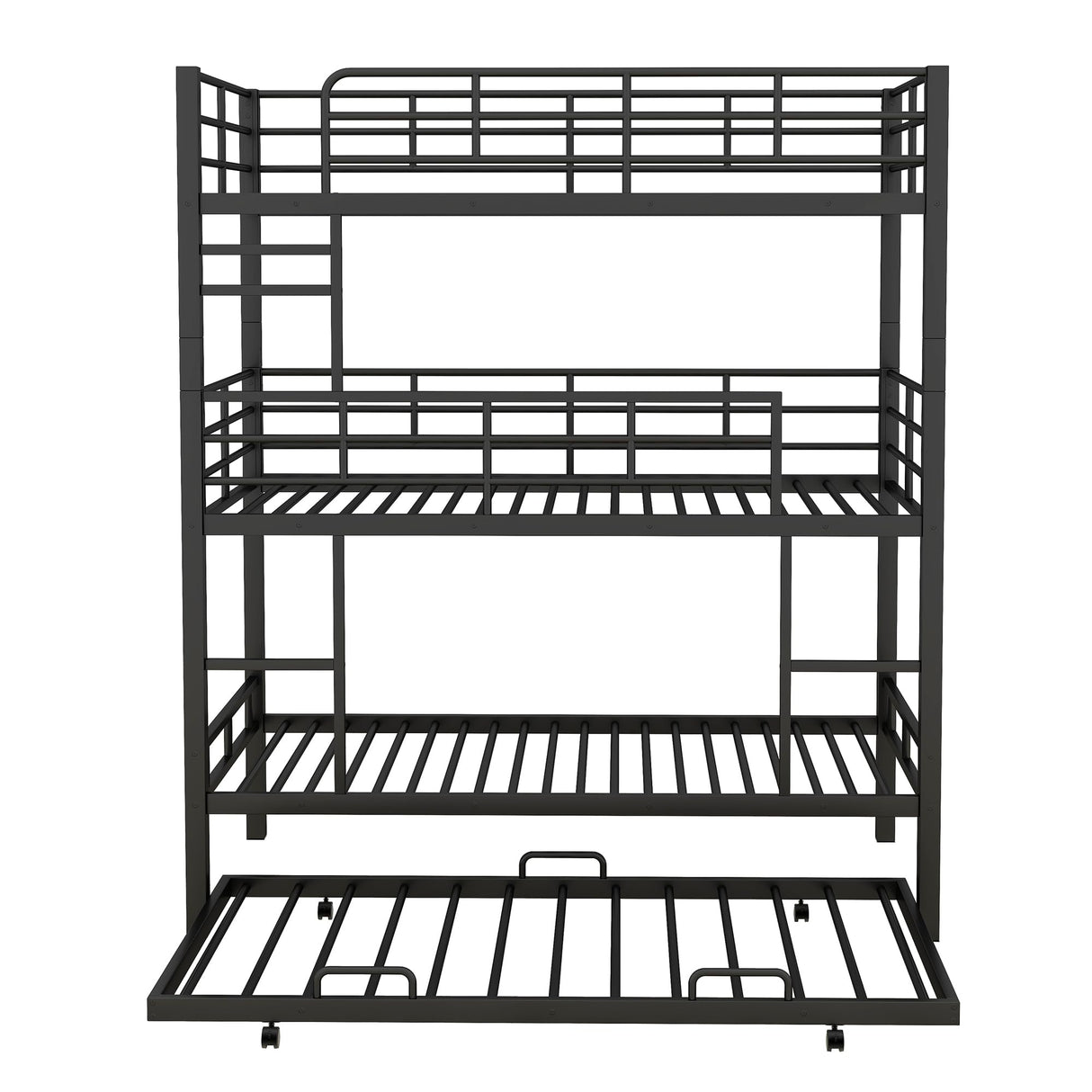 Zyerch Metal Twin Size Triple Bunk Bed with Trundle for 4, Twin Over Twin Over Twin 3 Bunk Beds with 2 Ladders & Guardrails, Convertible to 3 Separate Beds for Kids Teens, Bedroom Homestay, Black Zyerch