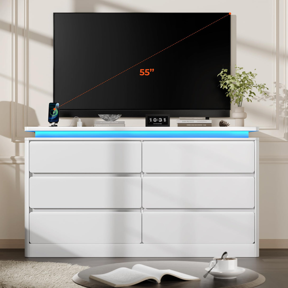 Gyfimoie 6 Drawer White Dresser for Bedroom, 47.2" Long Chest of Drawers with Charging Station & LED Lights, Double Wooden Storage Cabinet Dresser for Closet,Modern TV Stand with Deep Drawers Gyfimoie