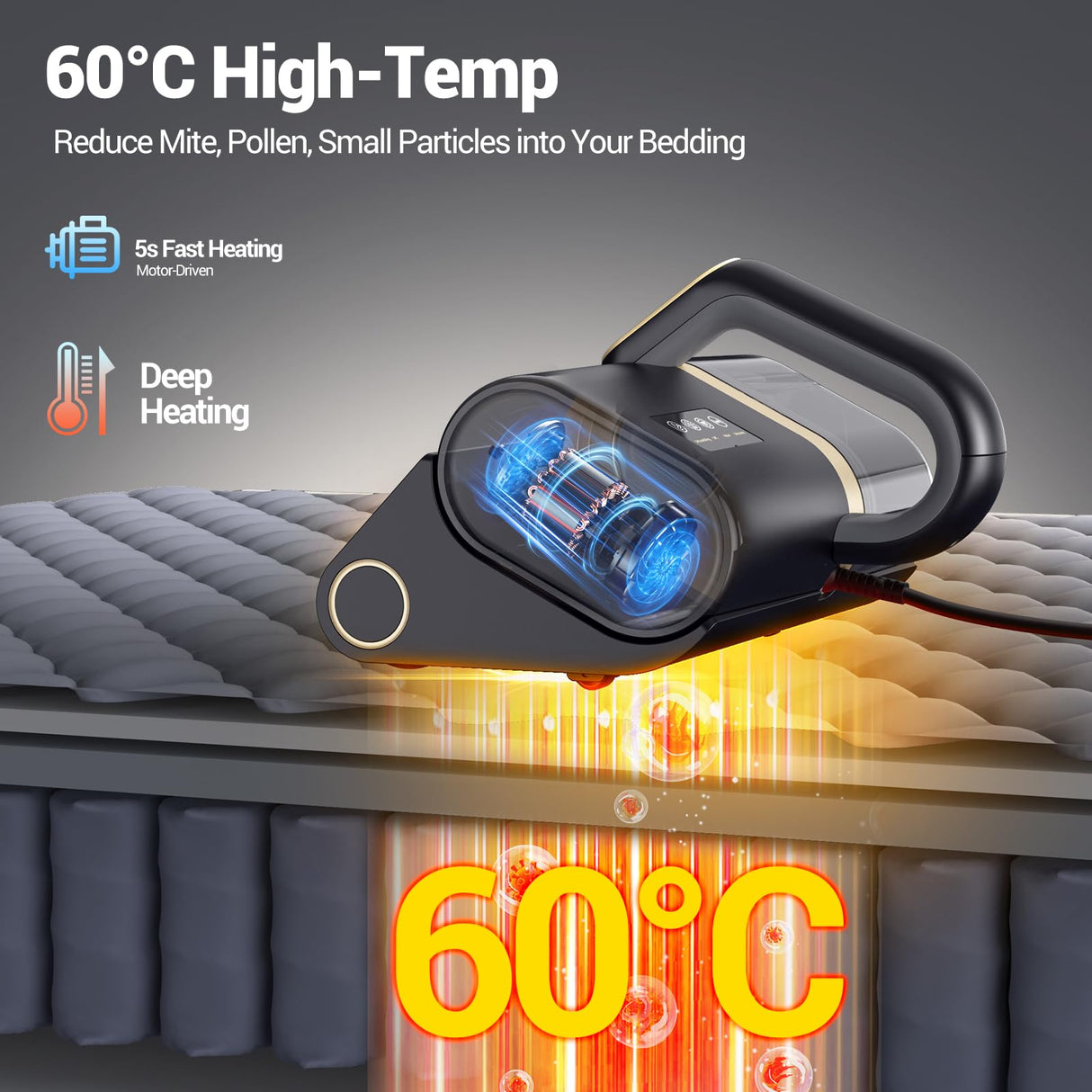 Solayce Bed Vacuum Cleaner, 16Kpa Suction 500W Powerful Double Cup Mattress Cleaner, Mattress Vacuum Cleaner with Dust Sensor, Ultrasonic & Heating Tech, HEPA Filter(Corded) Solayce