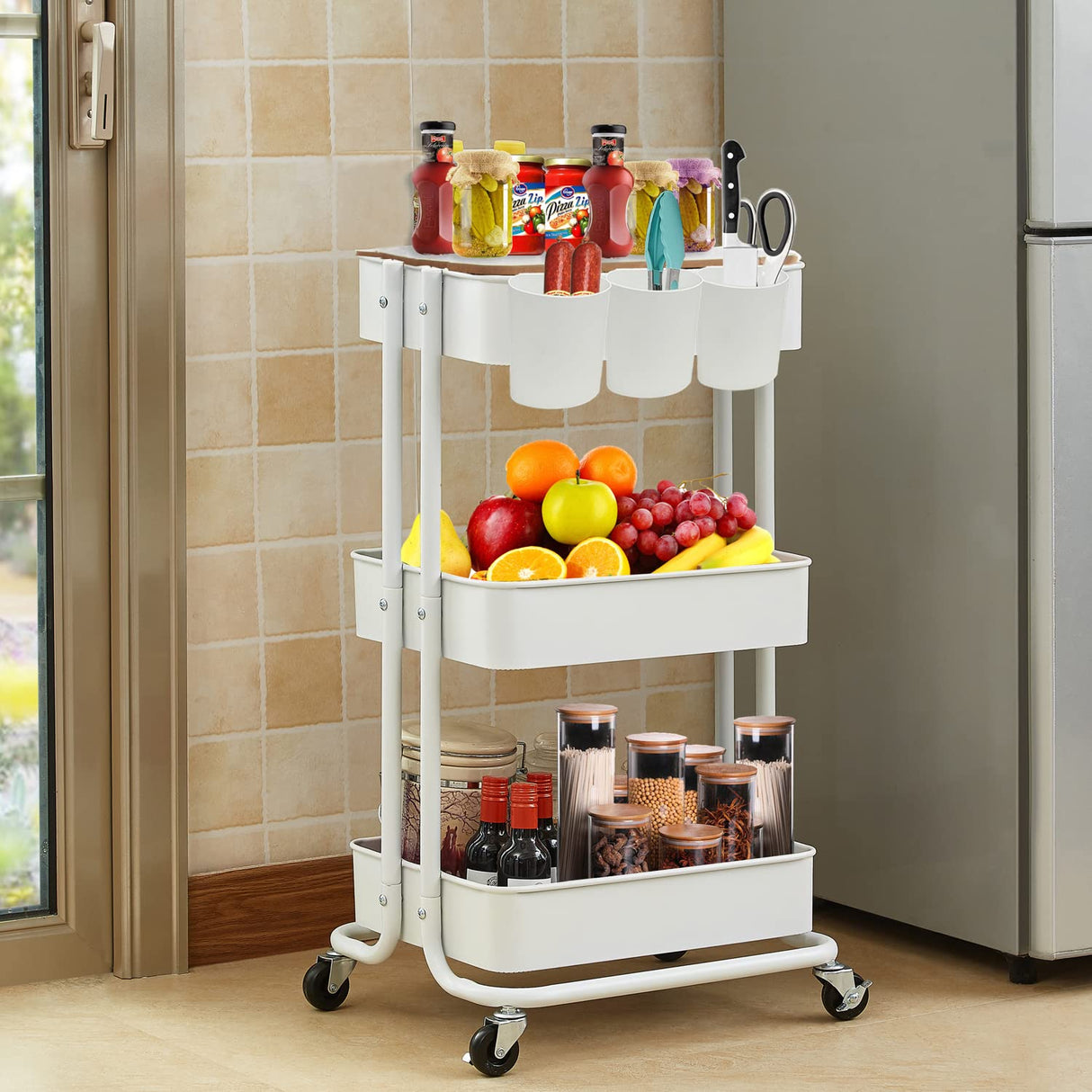 3-Tier Metal Utility Rolling Cart Storage Side End Table with Cover Board for Office Home Kitchen Organization, Cream White Melody House