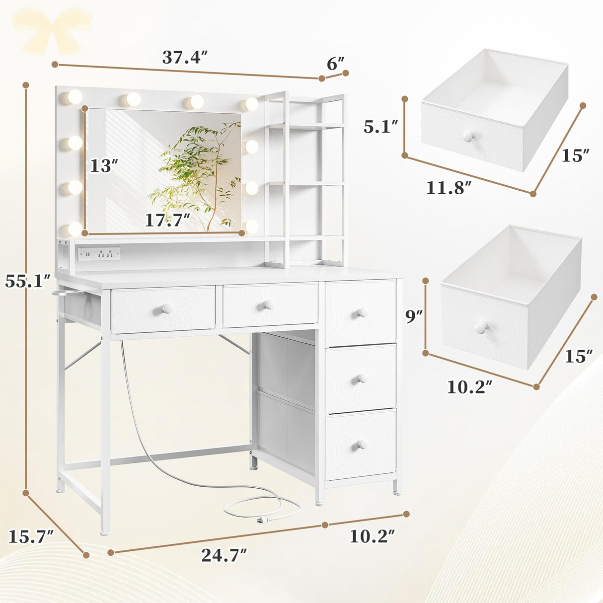 EnHomee White Vanity Desk with Mirror and Lights, Vanity Desk with 5 Fabric Drawers & Power Outlet, 3 Lighting Modes Adjustable Brightness, Bedroom Dressing Table, White EnHomee