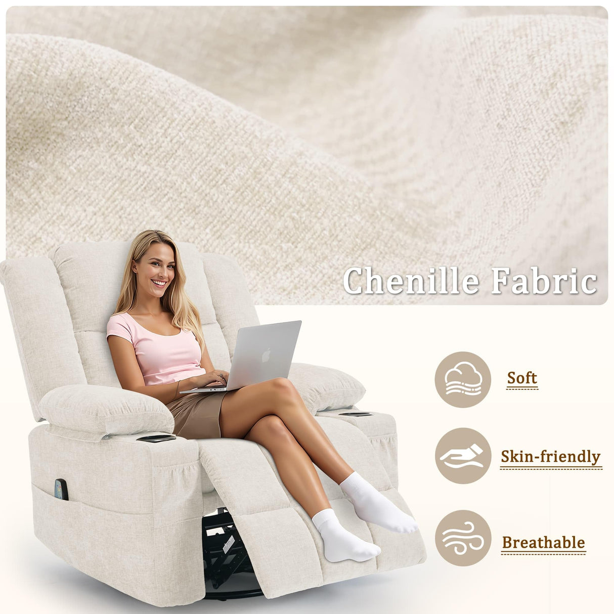 Korser 360° Swivel Rocker Recliner for Adults, Nursery Glider Recliner with Massage and Heating, Rocking Chair with Cup Holder, Manual Recliner Chair for Living Room, Bedroom (Fabric, Beige) Korser