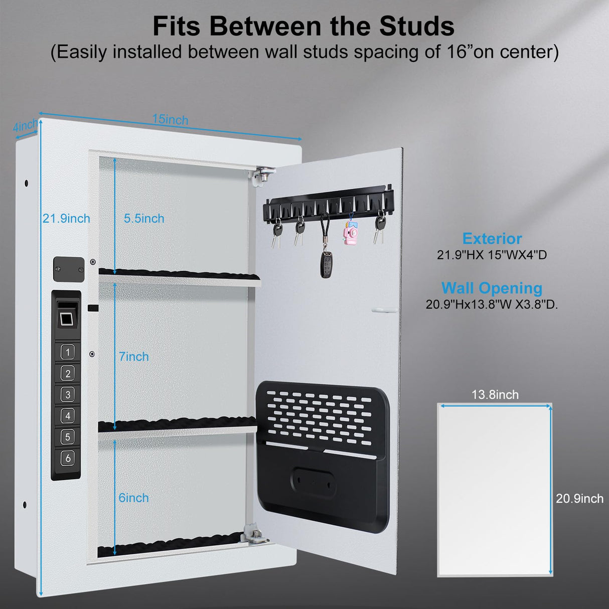 Wall Safe,Hidden Gun Safe Between Wall Studs with Battery Display&Type-C Port, with Document Organizer/Removable shelves/Key hook–Protect Valuables,Handgun, Jewelry, Documents,Cash (Digital Keypad) LANGGER V