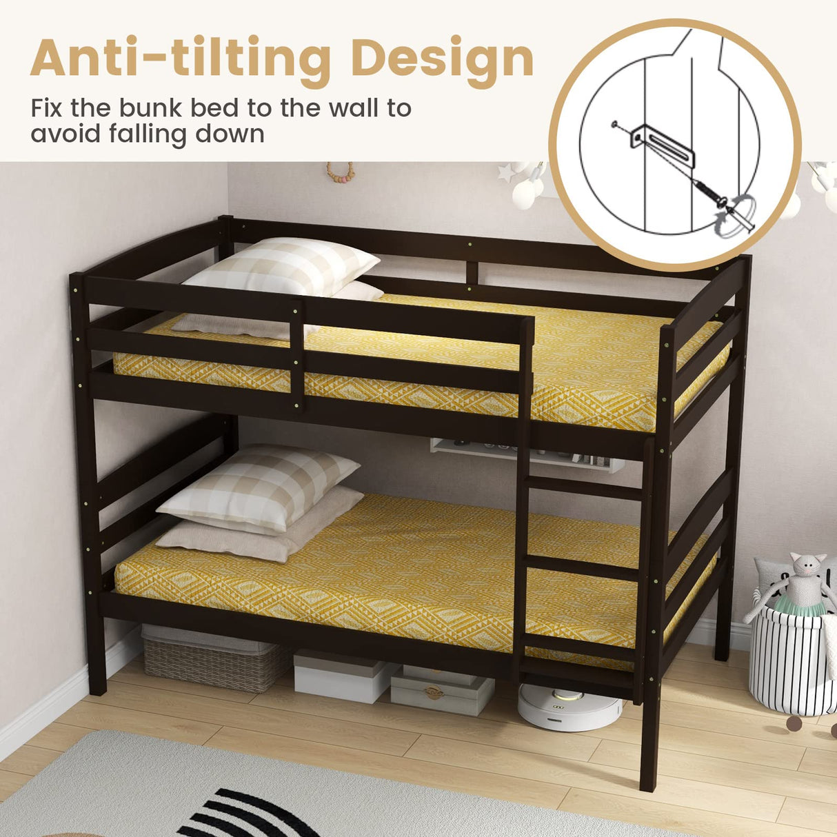 Giantex Espresso Twin Over Twin Bunk Bed with Detachable Design, High Guardrails & Integrated Ladder Giantex