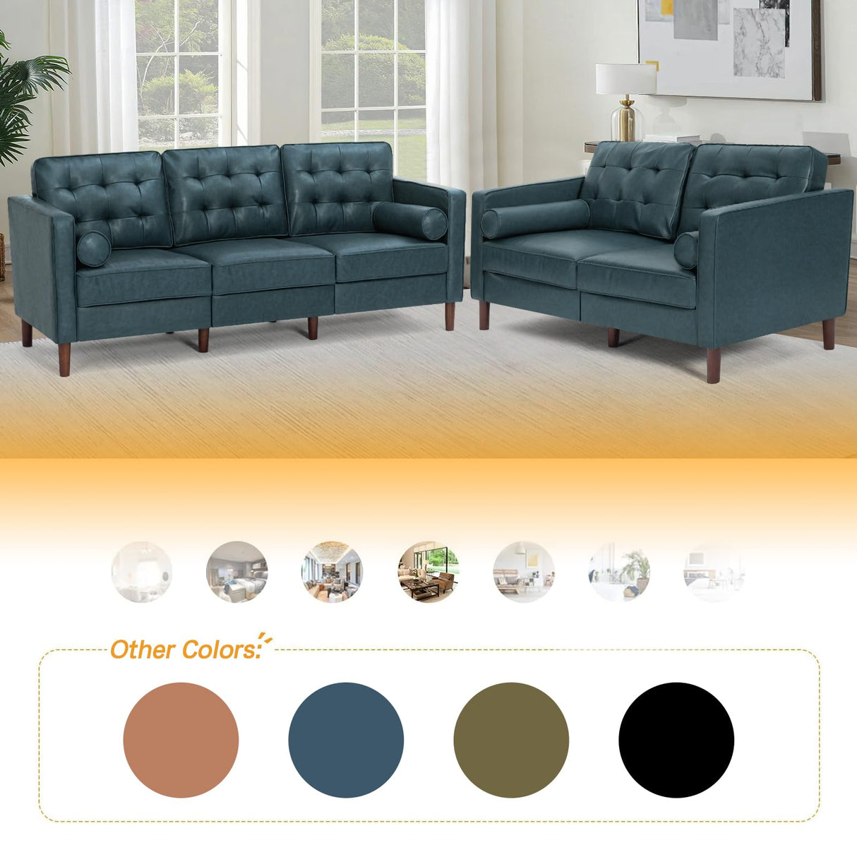 ACMEASE 67" Premium Faux Leather 2-Seater Sofa with 2 Bolster Pillows and Tufted Backrest, Mid-Century Modern Loveseat Sofa, Luxury Couch for Living Room, Bedroom, Office, Blue ACMEASE