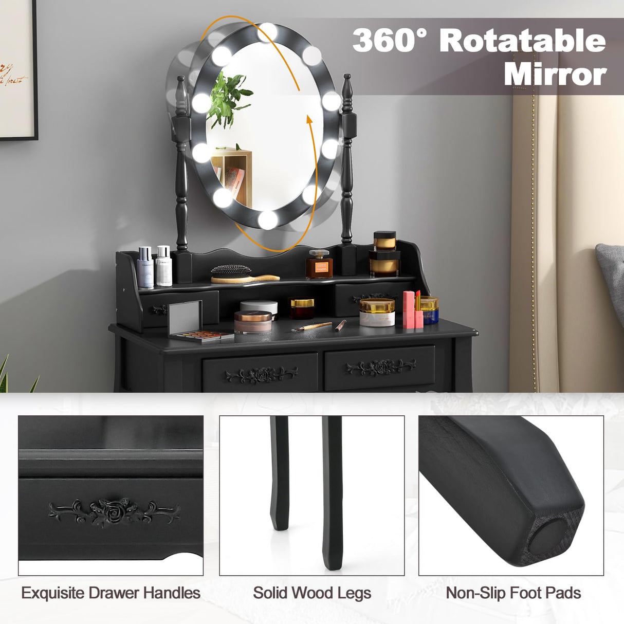 CHARMAID Girls Vanity Table with Lighted Mirror and Stool, 10 Dimmable LED Lights, 3 Color Lighting Modes, 4 Drawers, Rose-Shaped Handle, Bedroom Dressing Makeup Vanity Desk Set (Black) CHARMAID