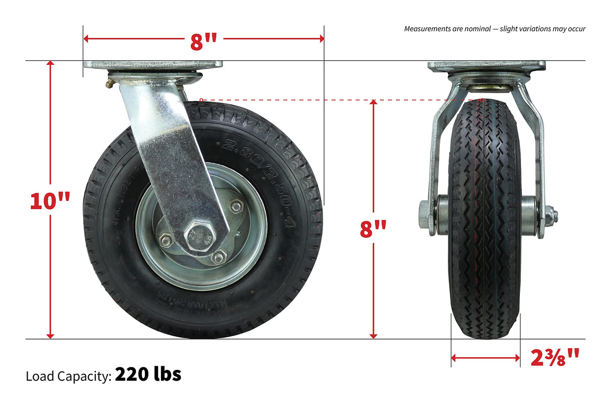Shepherd Hardware 9794 8-Inch Pneumatic Caster Wheel, Swivel Plate, Steel Hub with Ball Bearings, 5/8-Inch Bore Centered Axle Shepherd