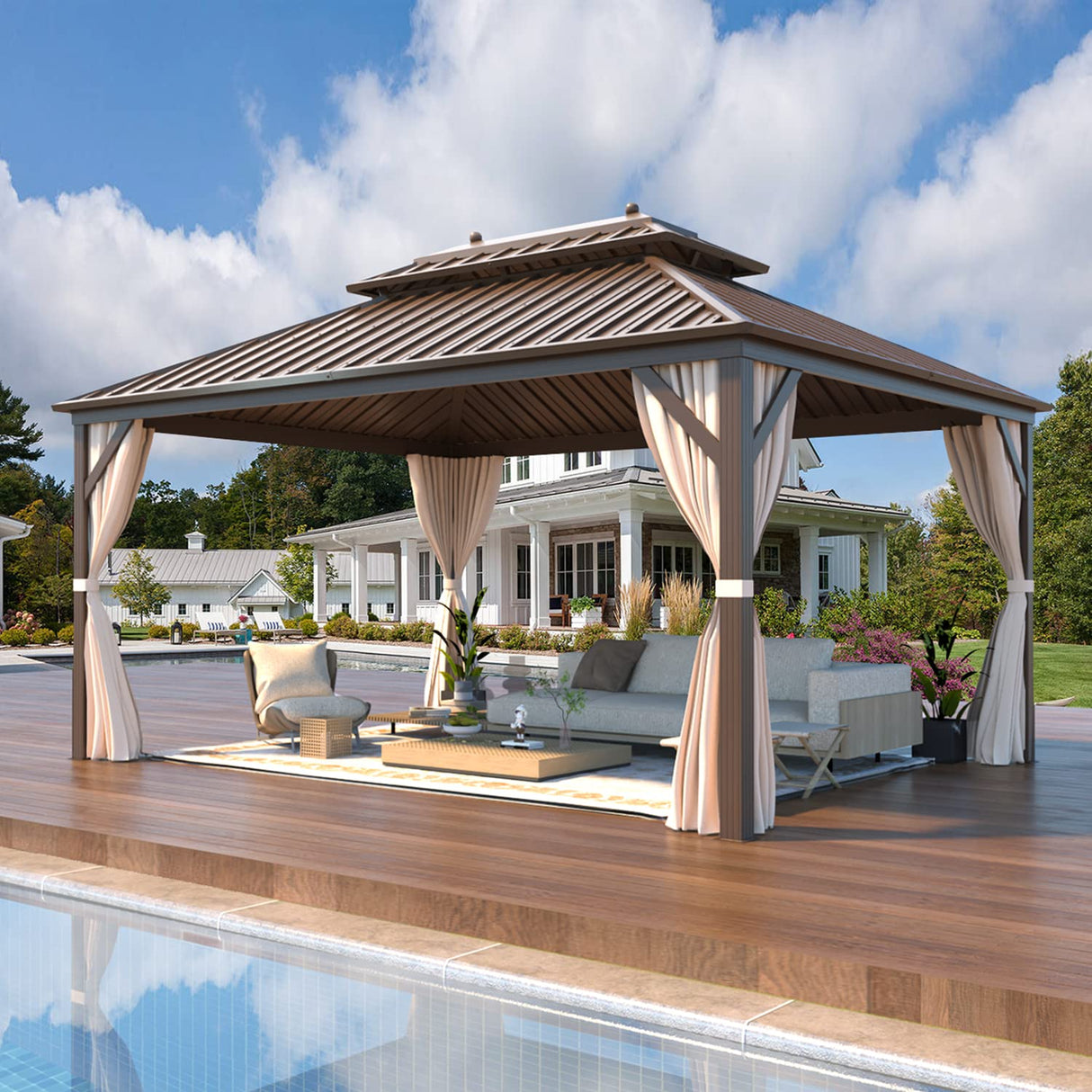 EROMMY 10'x13' Hardtop Gazebo Double Roof Galvanized Steel Canopy Outdoor Aluminum Frame Permanent Metal Pavilion with Netting and Curtains for Patio Backyard Deck and Lawns EROMMY