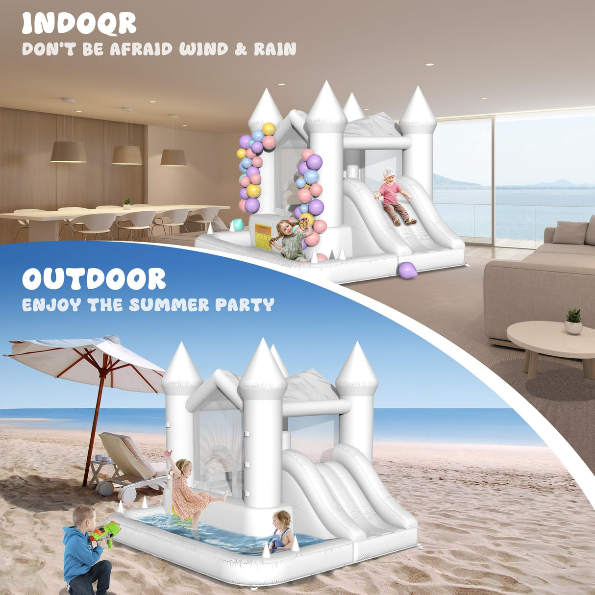 YARD White Bounce House, Inflatable Bounce House with Slide & Ball Pit for Kids 3-8, Bouncy House with Blower for Toddler Adult Indoor Outdoor Party, Wedding, Backyard, 9.5’x9.5’x7.5’ Bouncy Castle YARD