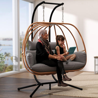 DAYAOUTDOOR Double Egg Chair with Stand, Oversized Egg Chair Outdoor, 2-Person Hanging Eggs Chairs, 600Lbs Sturdy Loveseat Swinging Chair for Balcony, Patio, Deck, Grey